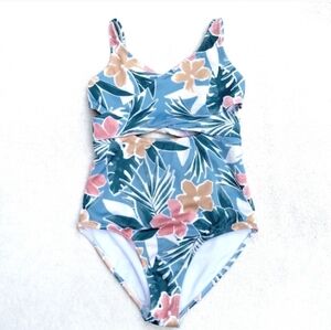 Abercrombie Kids Girl's One Piece Floral Swimsuit Size 11 / 12 Blue Cutouts Cute